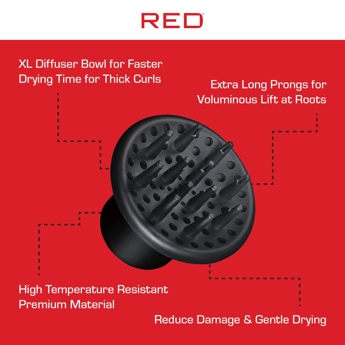 Red by Kiss curly hair attachment highlighting the heavy duty rubber grip for universal fit.