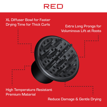 Red by Kiss curly hair attachment highlighting the heavy duty rubber grip for universal fit.
