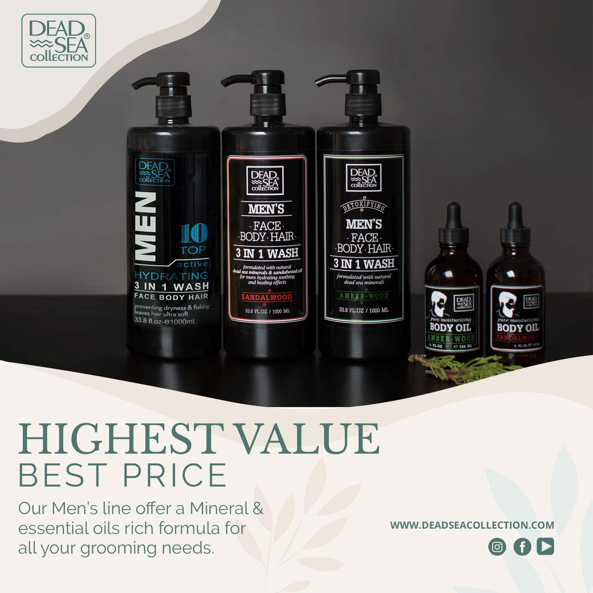 Complete product packaging set for Dead Sea Collection men soak