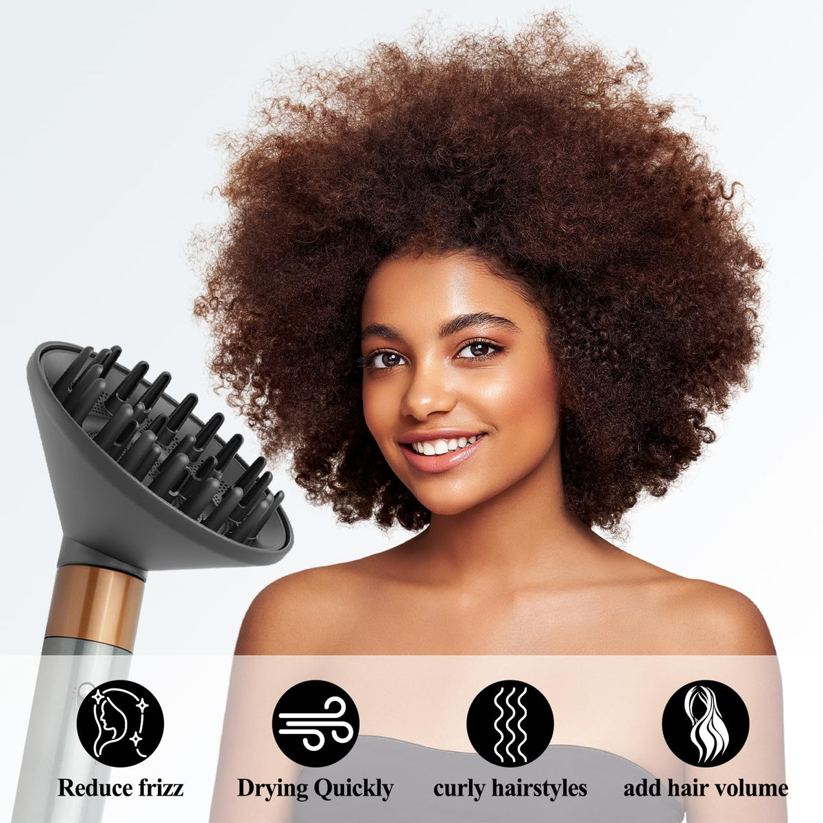 Angled view of the grey volumizing hair diffuser demonstrating the distribution of the styling vents.