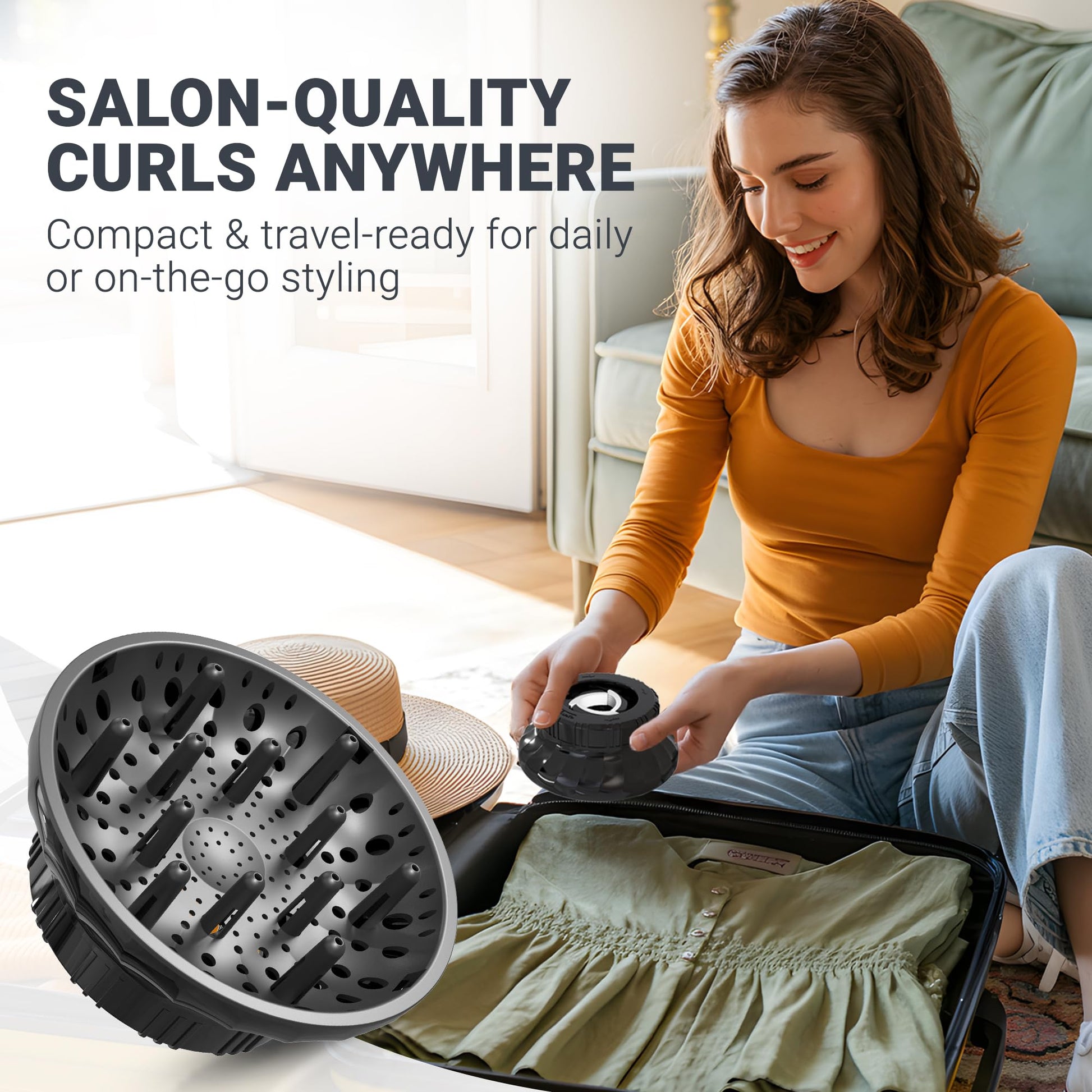 Black universal hair dryer diffuser attached to a standard blow dryer nozzle