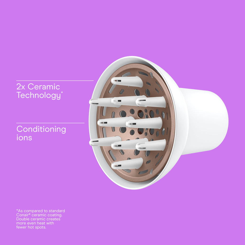 Side angle of the Conair volumizing blow dryer diffuser highlighting the deep bowl construction and secure nozzle snapping mechanism.