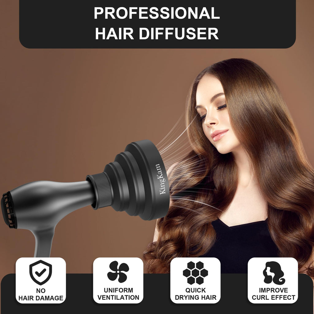 KingKam travel friendly folding hair blower diffuser attachment shown collapsed flat for easy makeup bag storage.