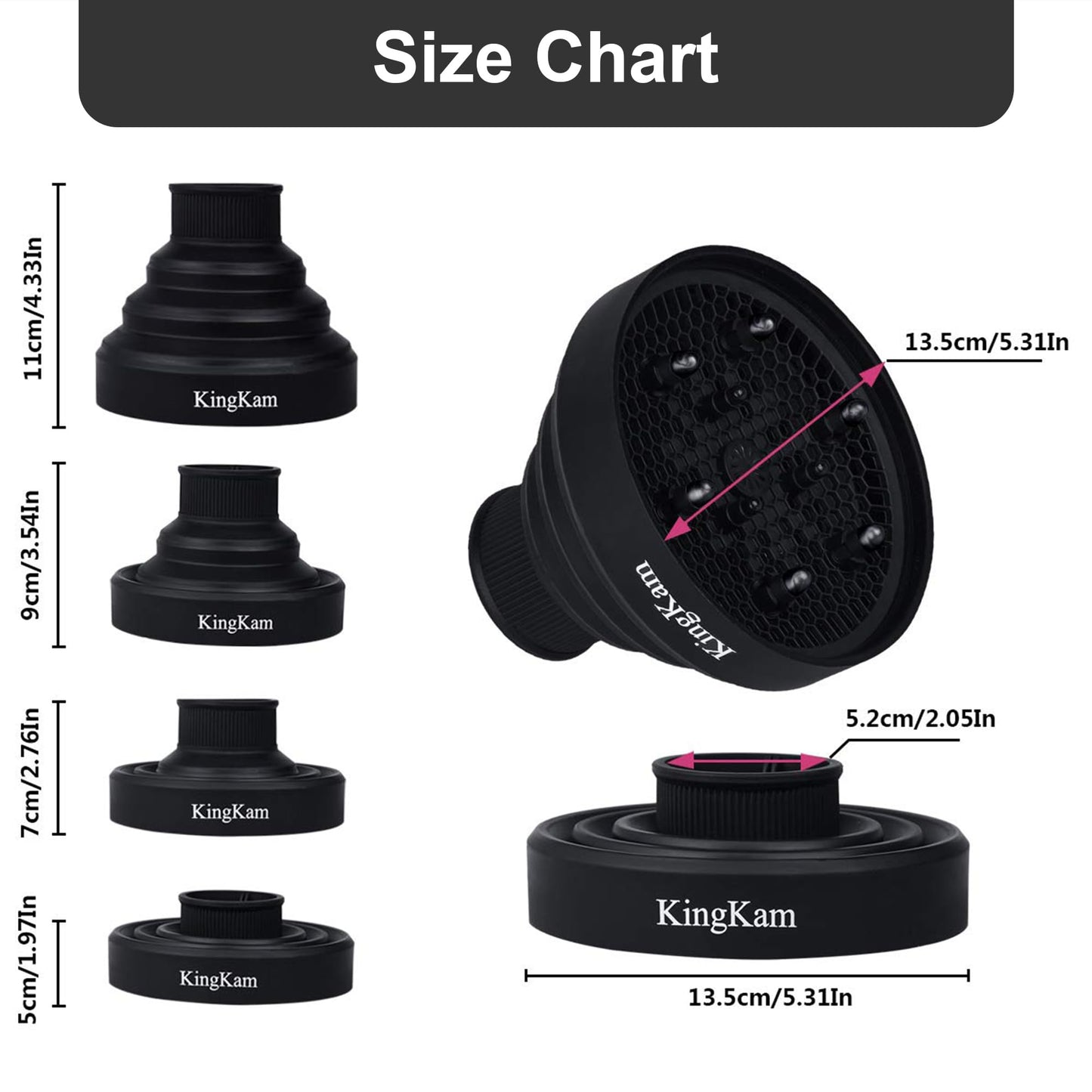Internal prong detailing of the KingKam black collapsible silicone hair diffuser for volume and curl definition.