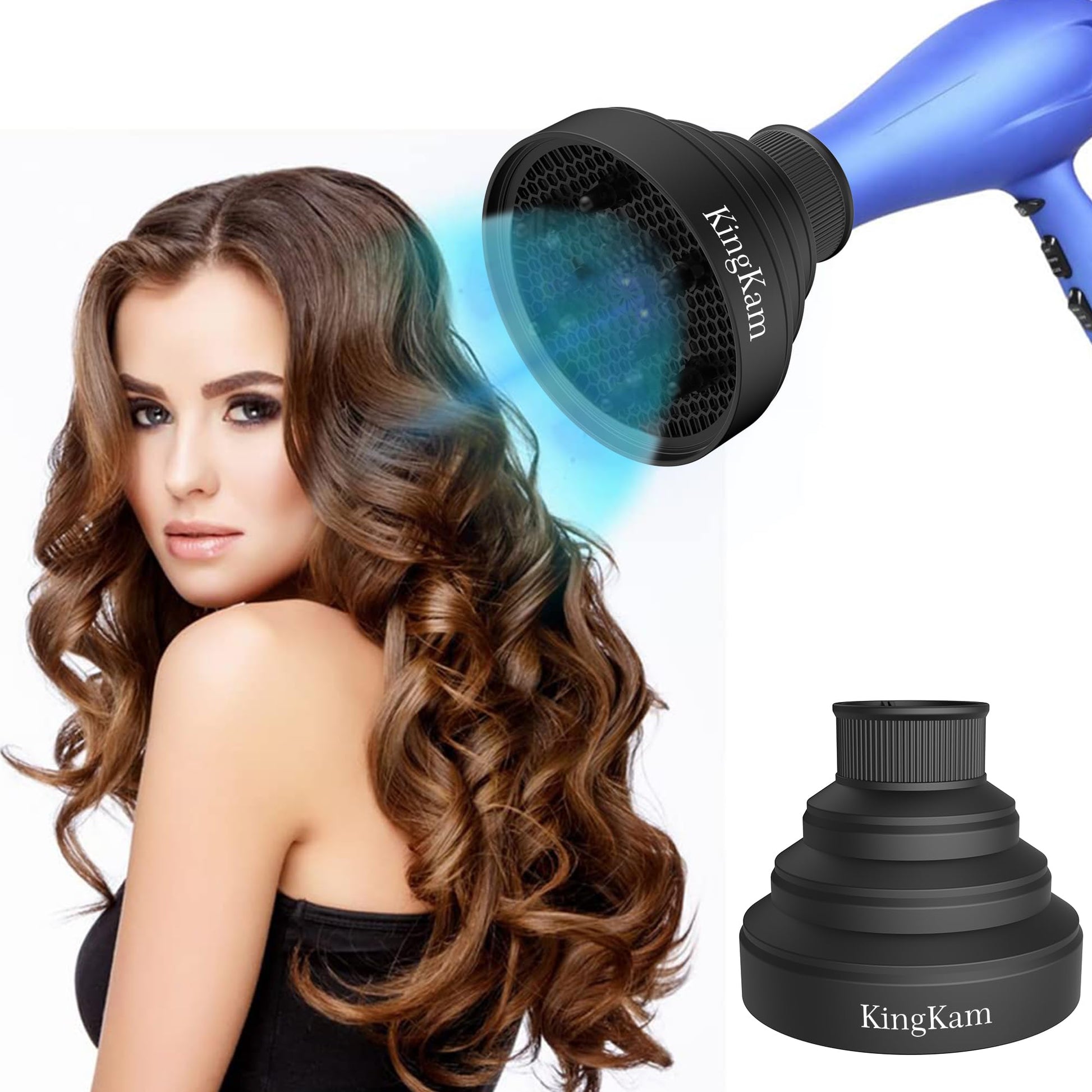 A high temperature resistant silicone beauty tool showing the KingKam hair dryer diffuser attachment profile view.