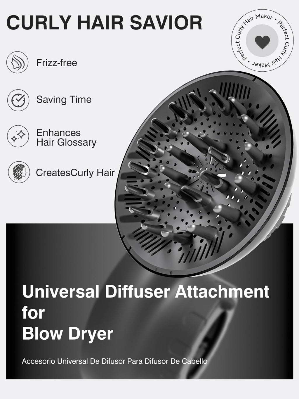 Side view of the adjustable black hair dryer diffuser nozzle showcasing the expandable silicone grip.