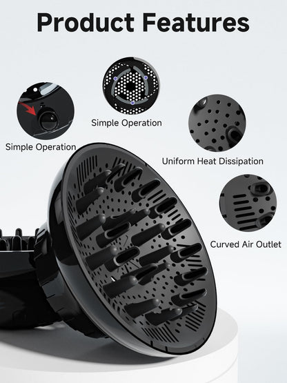 Lightweight black hair diffuser attachment for women showing heat resistant material construction.