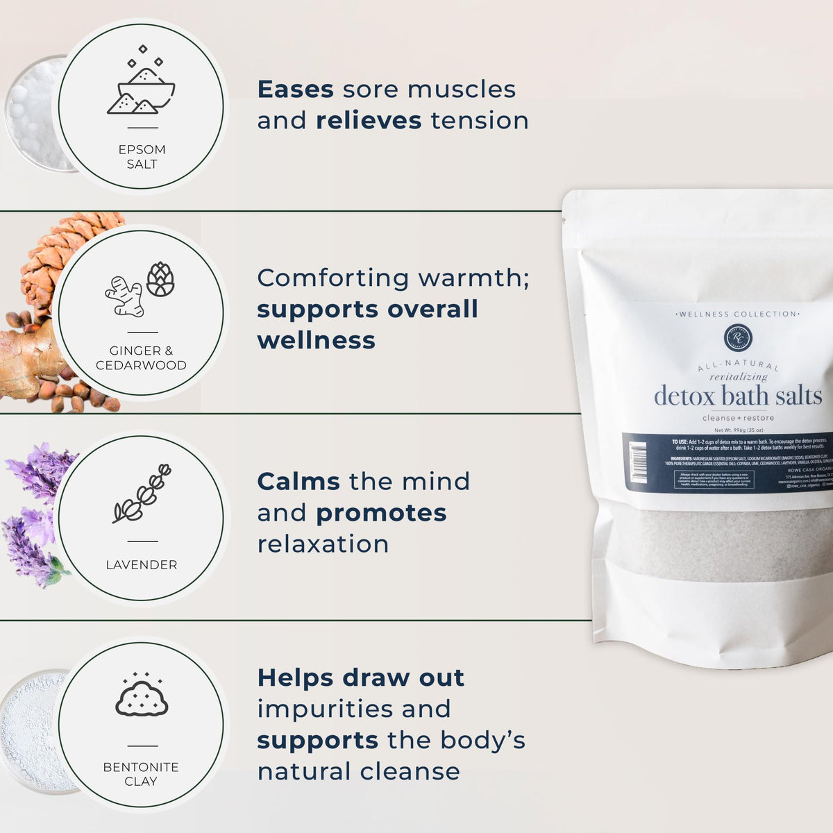 Rowe Casa Organics magnesium and bentonite clay bath soak packaging details