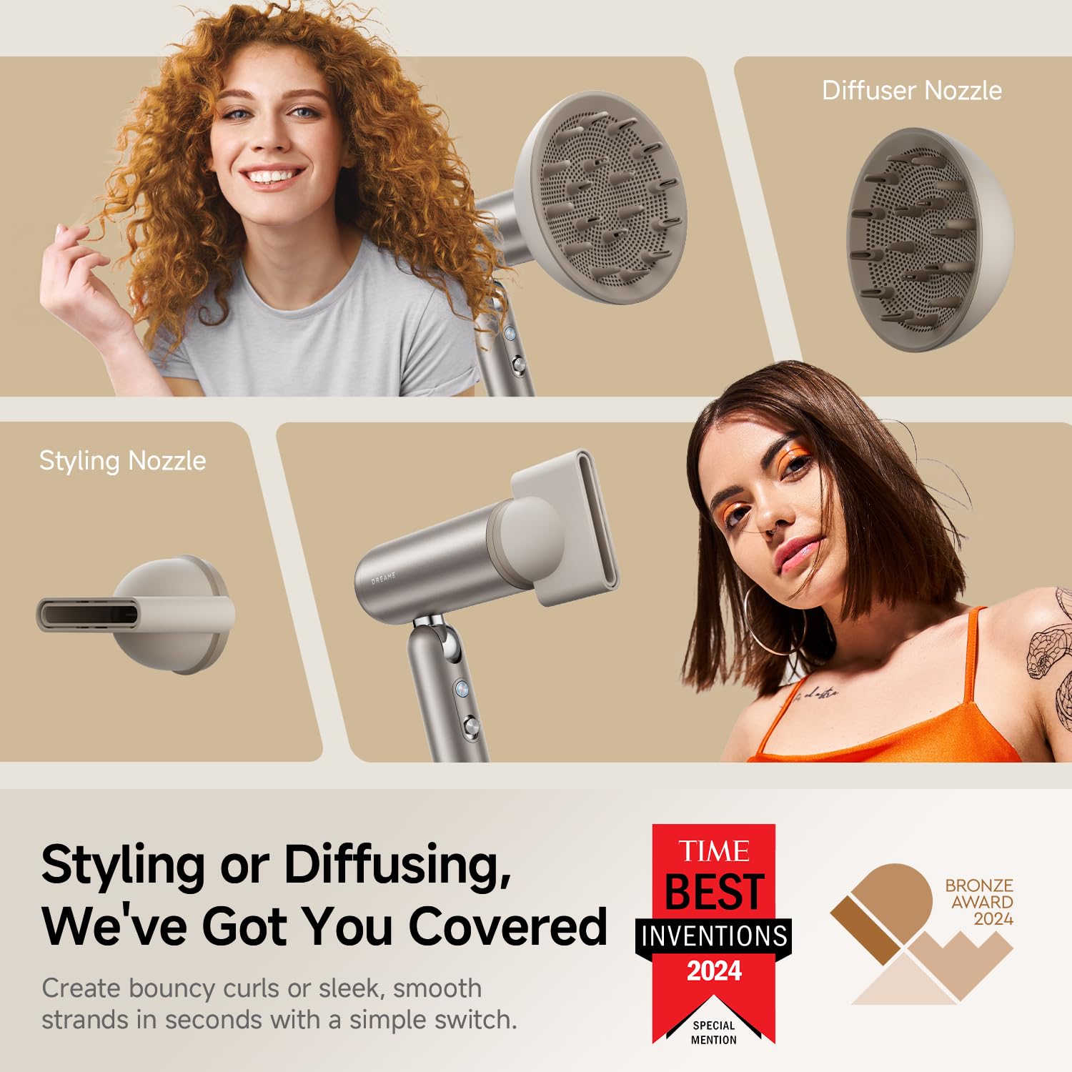 Close up of Dreame hair dryer control settings and ionic vent
