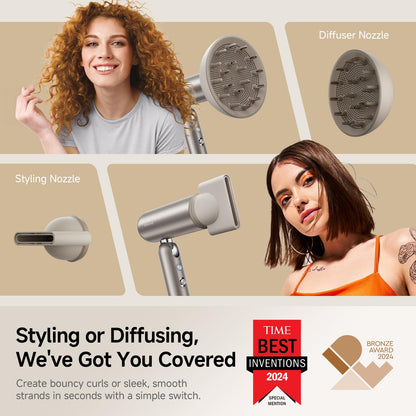 Close up of Dreame hair dryer control settings and ionic vent