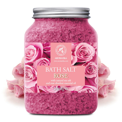 Aromatika rose bath salt crystals in a glass container