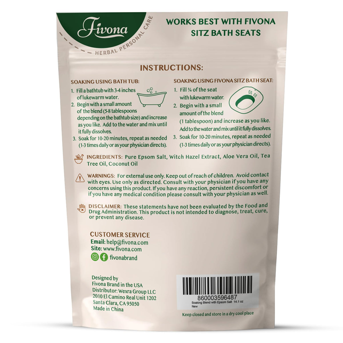 Fivona 14.1 Ounce hemorrhoid treatment soak packaging overview