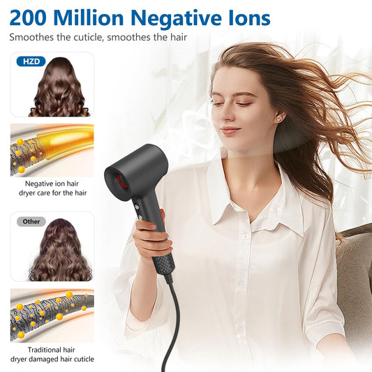 HZD 1500 Watt hairdryer handle buttons and blue lit air outlet details