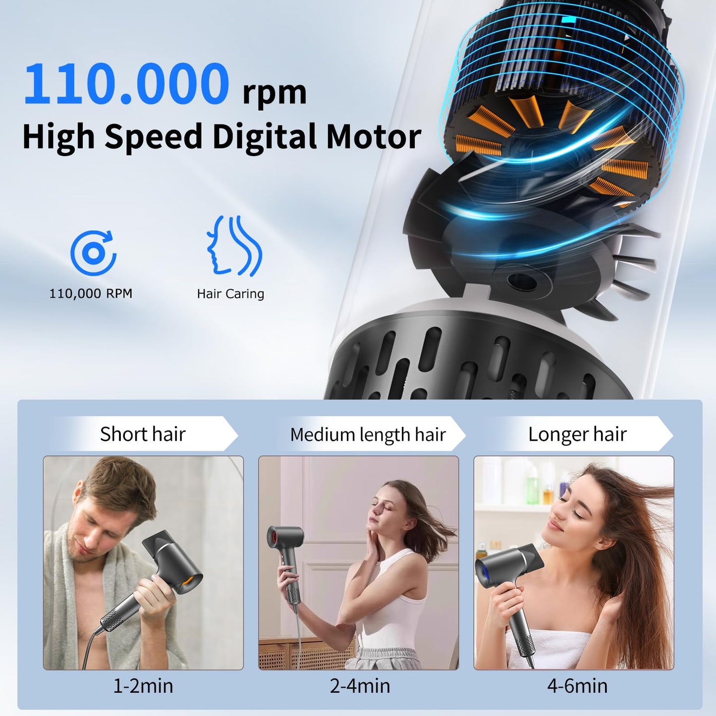 Black high speed blow dryer with 360 degree rotating magnetic styling nozzle