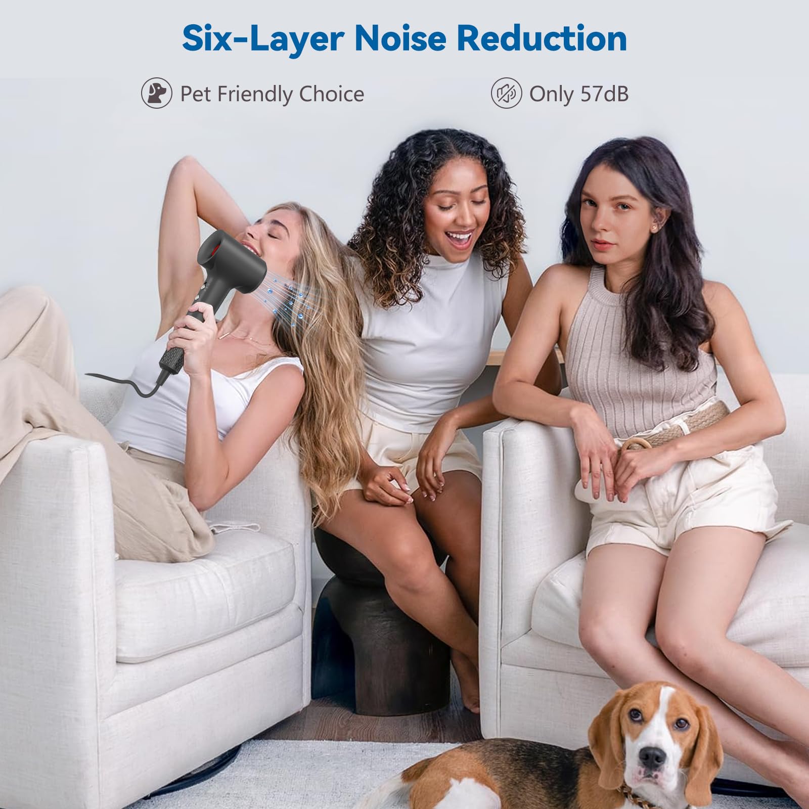 Ergonomic lightweight low noise ionic hairdryer for home and travel grooming