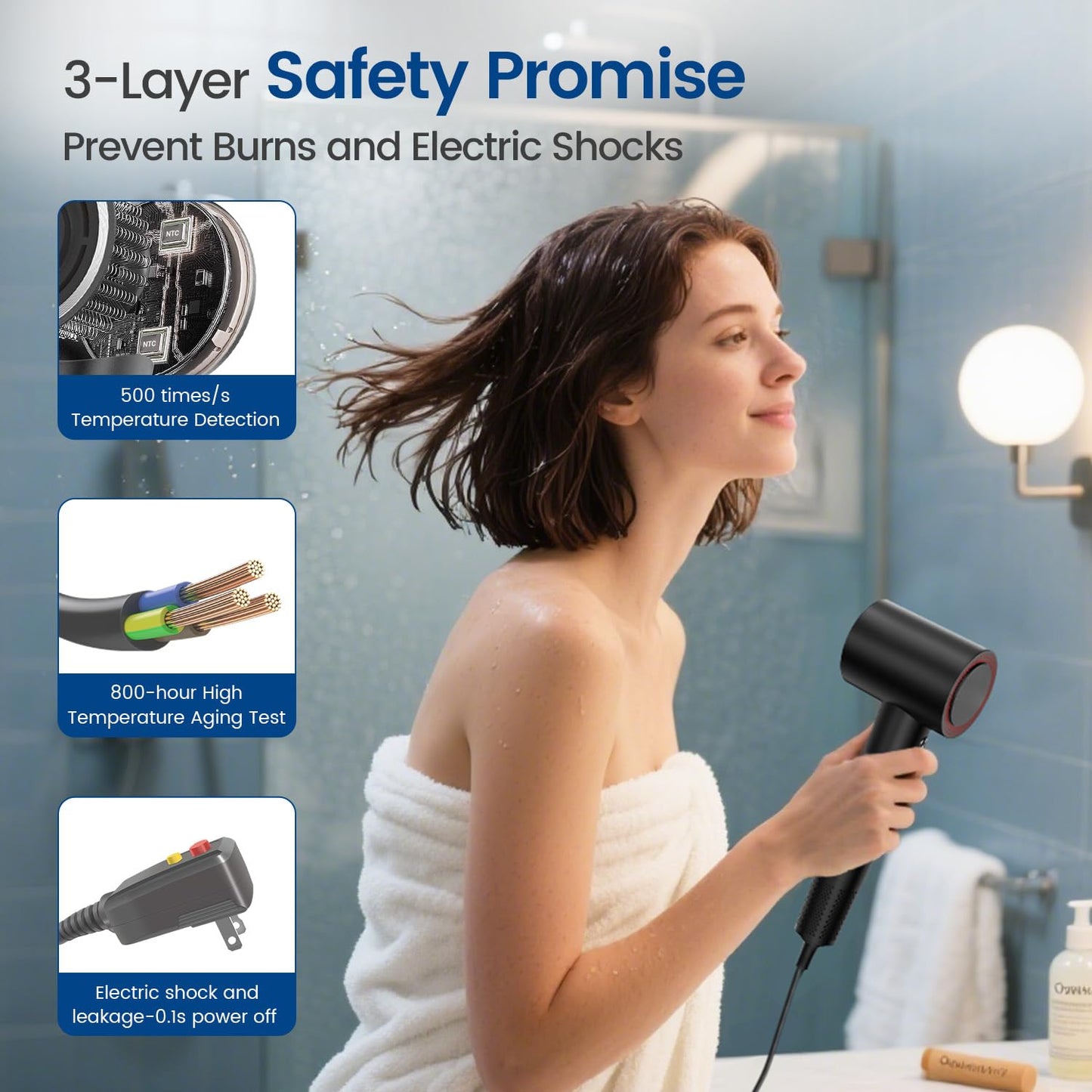 Hyspeedh silent ionic blow dryer illustrating the LED indicator lights for different heat levels