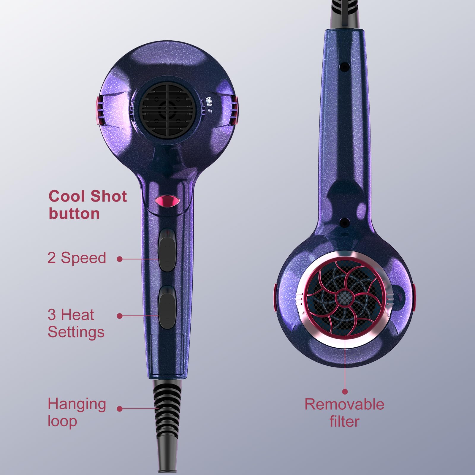CONFU ionic hair dryer shown with included concentrator nozzles and styling accessories