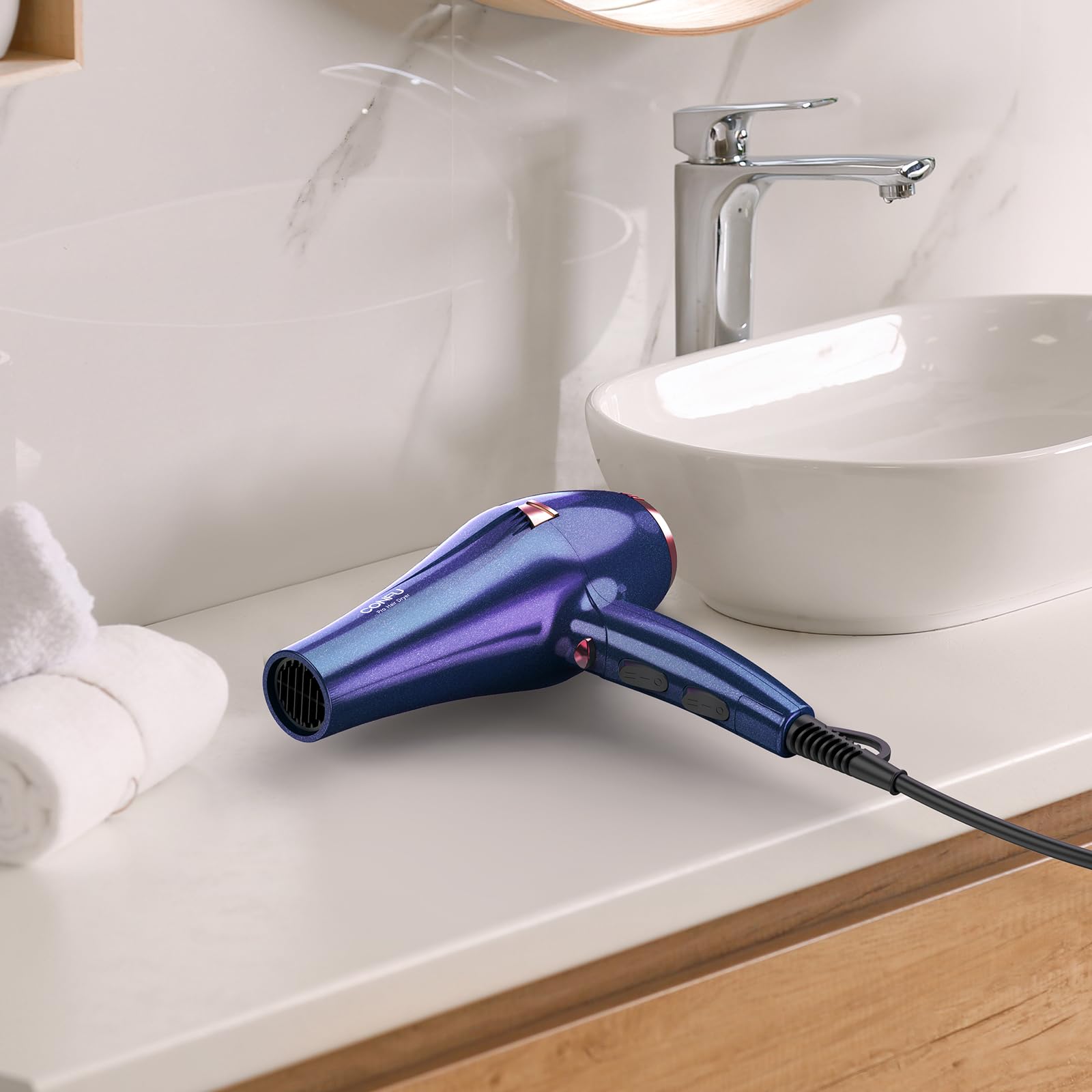 Ergonomic handle and durable power cable connection of the authentic purple CONFU hair dryer