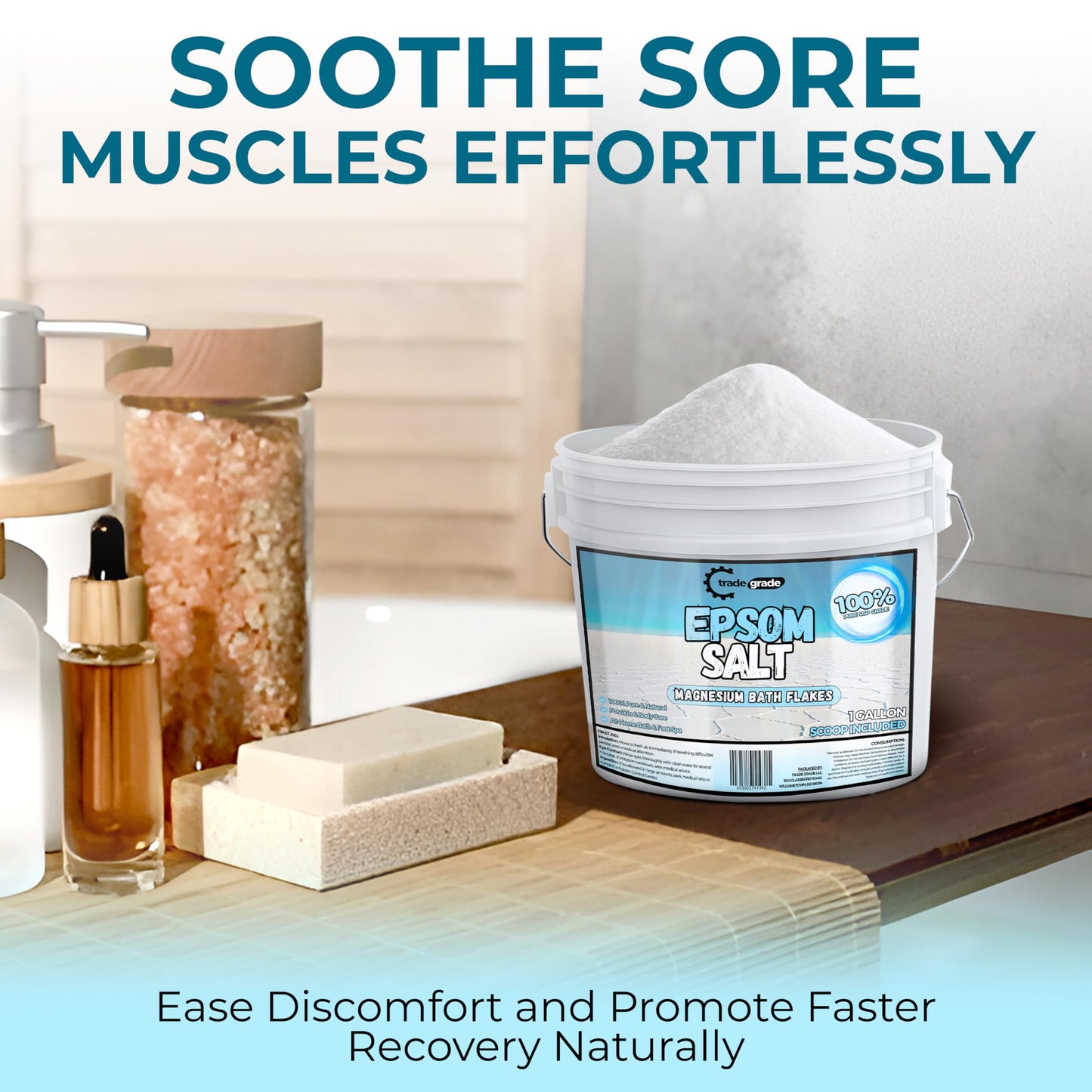 Trade Grade Epsom Salt label details and 1 gallon capacity