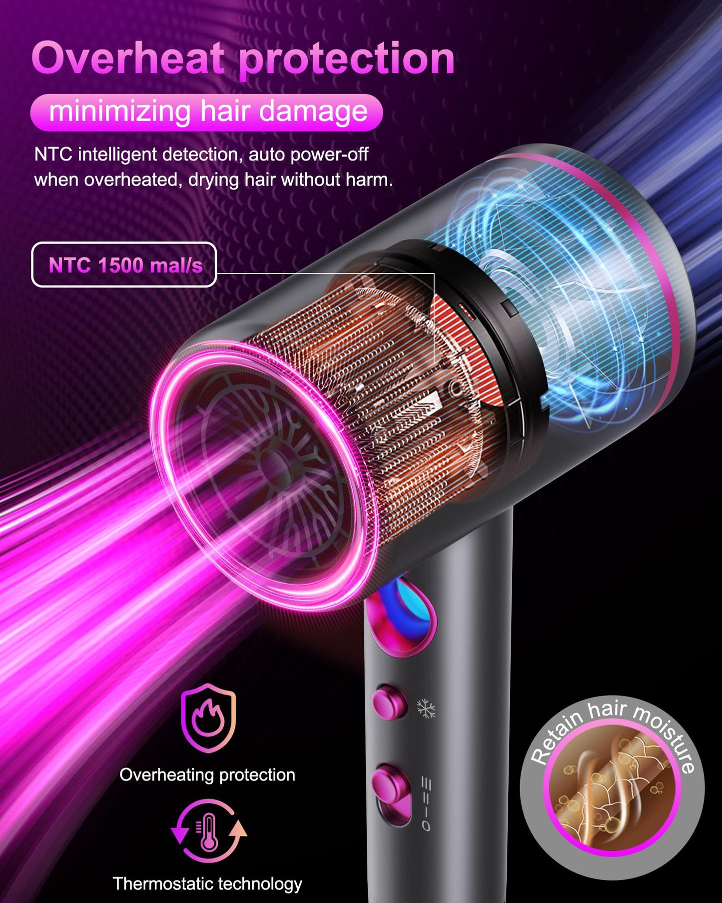 Tisoutec 1875W hair dryer displaying the heat and speed control buttons