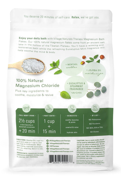 Village Naturals Therapy bath flakes packaging showing eucalyptus and mint scent