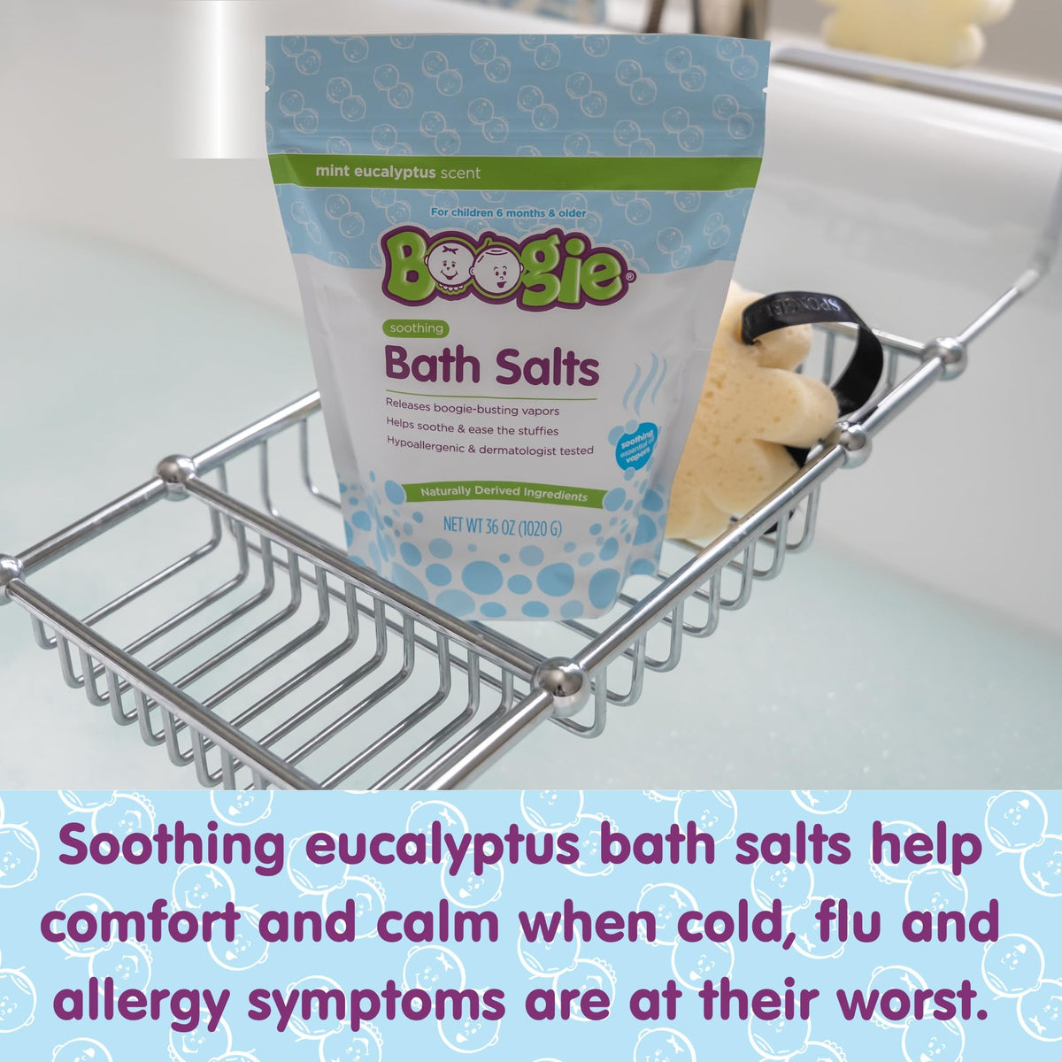 Boogie Kids Soothing Bath Salts label details showing eucalyptus scent