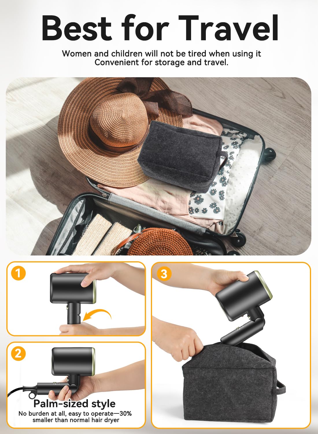 Black portable hair dryer with sleek ergonomic design