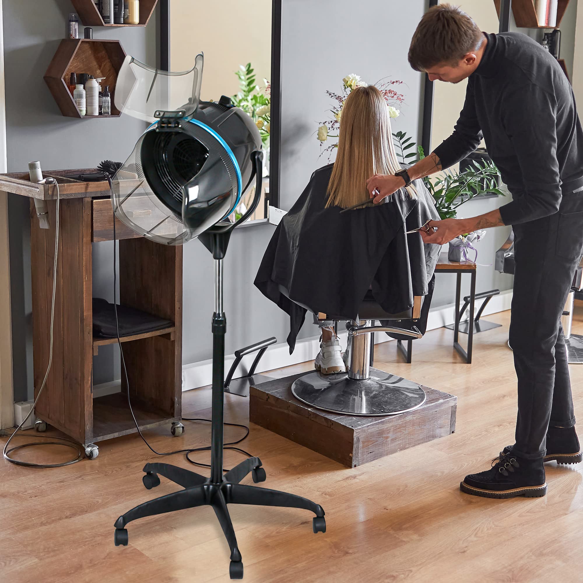 Nova Microdermabrasion salon stand up hair dryer showing the 5-star rolling caster wheel base assembly