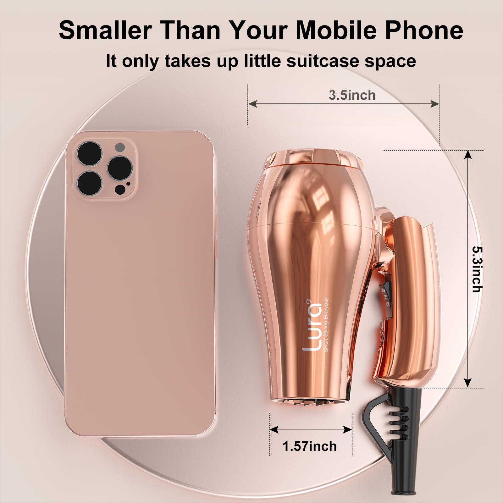Lura mini portable hair dryer folded for travel storage