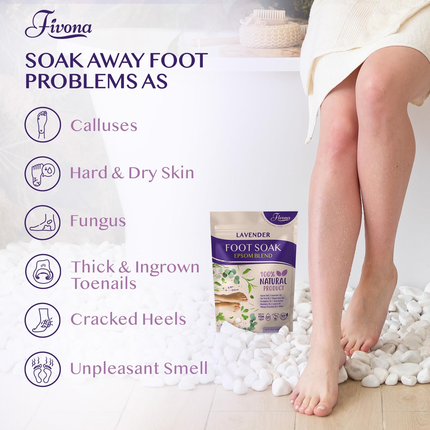 Close up of Fivona foot bath salt texture and lavender botanical infusion