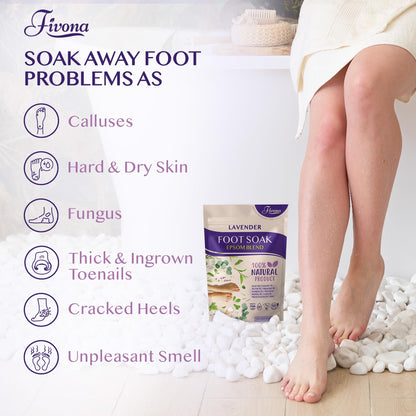 Close up of Fivona foot bath salt texture and lavender botanical infusion