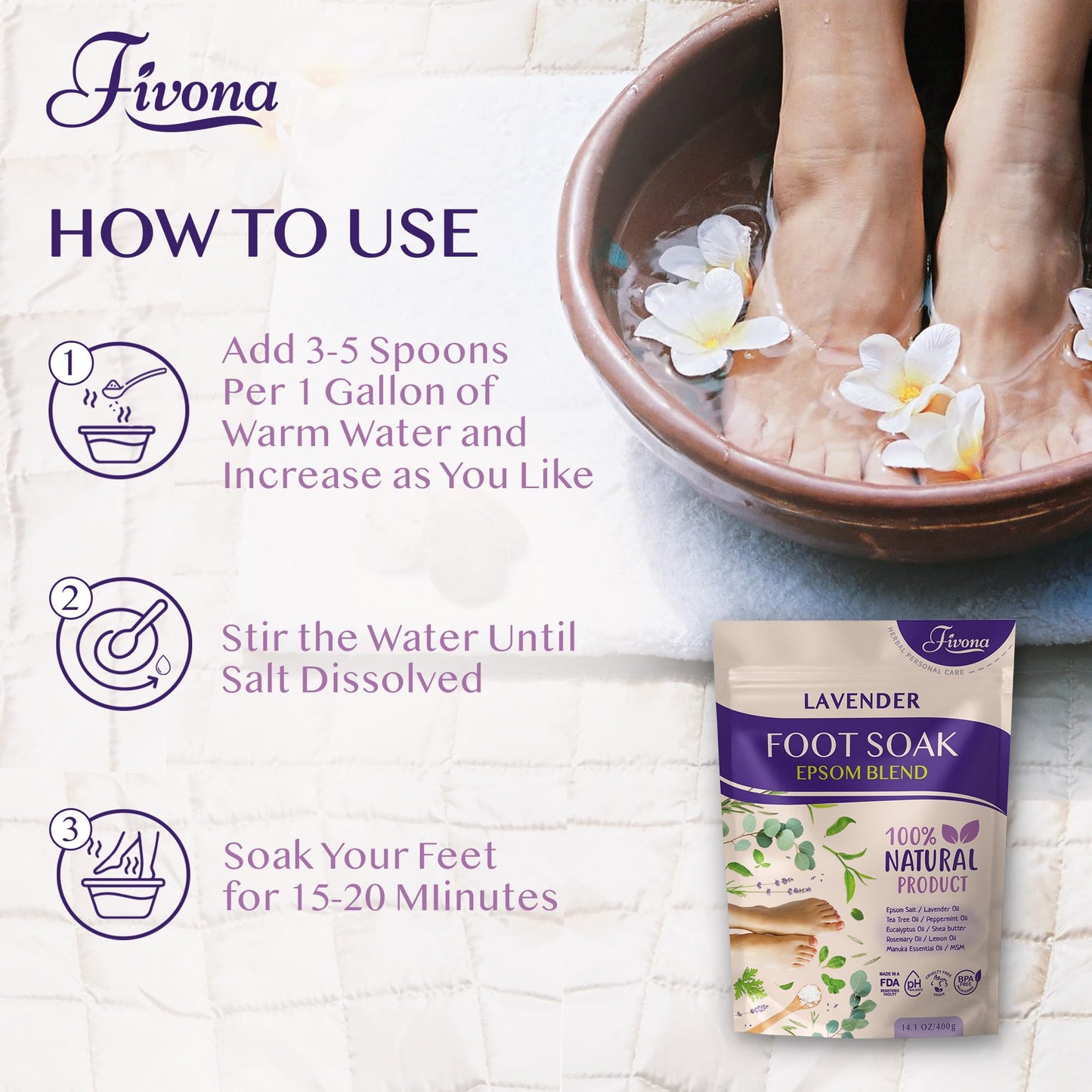 Fivona foot soak container beside a bowl of warm water for pedicure