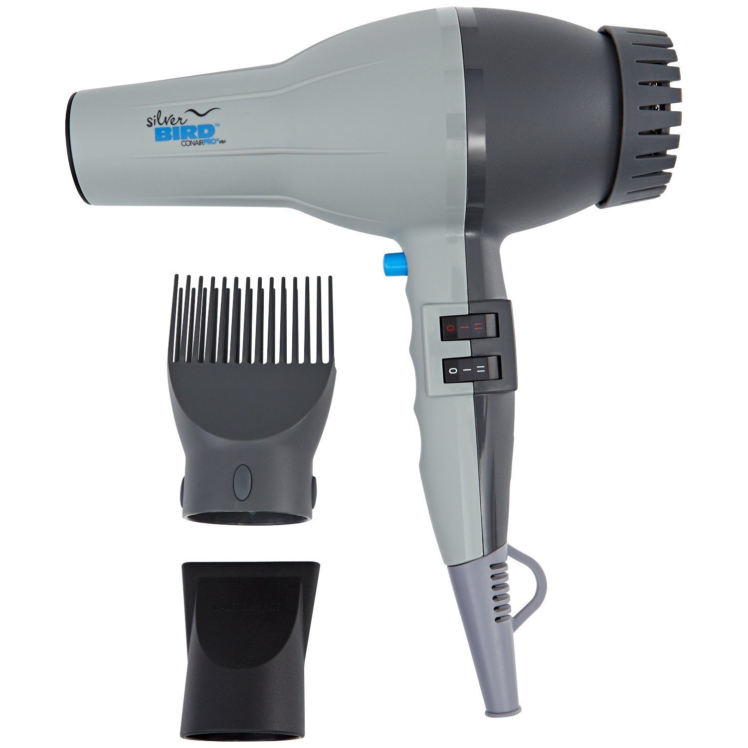 Conair Pro Silver Bird 2000W salon blow dryer showing control switches and attachment nozzle