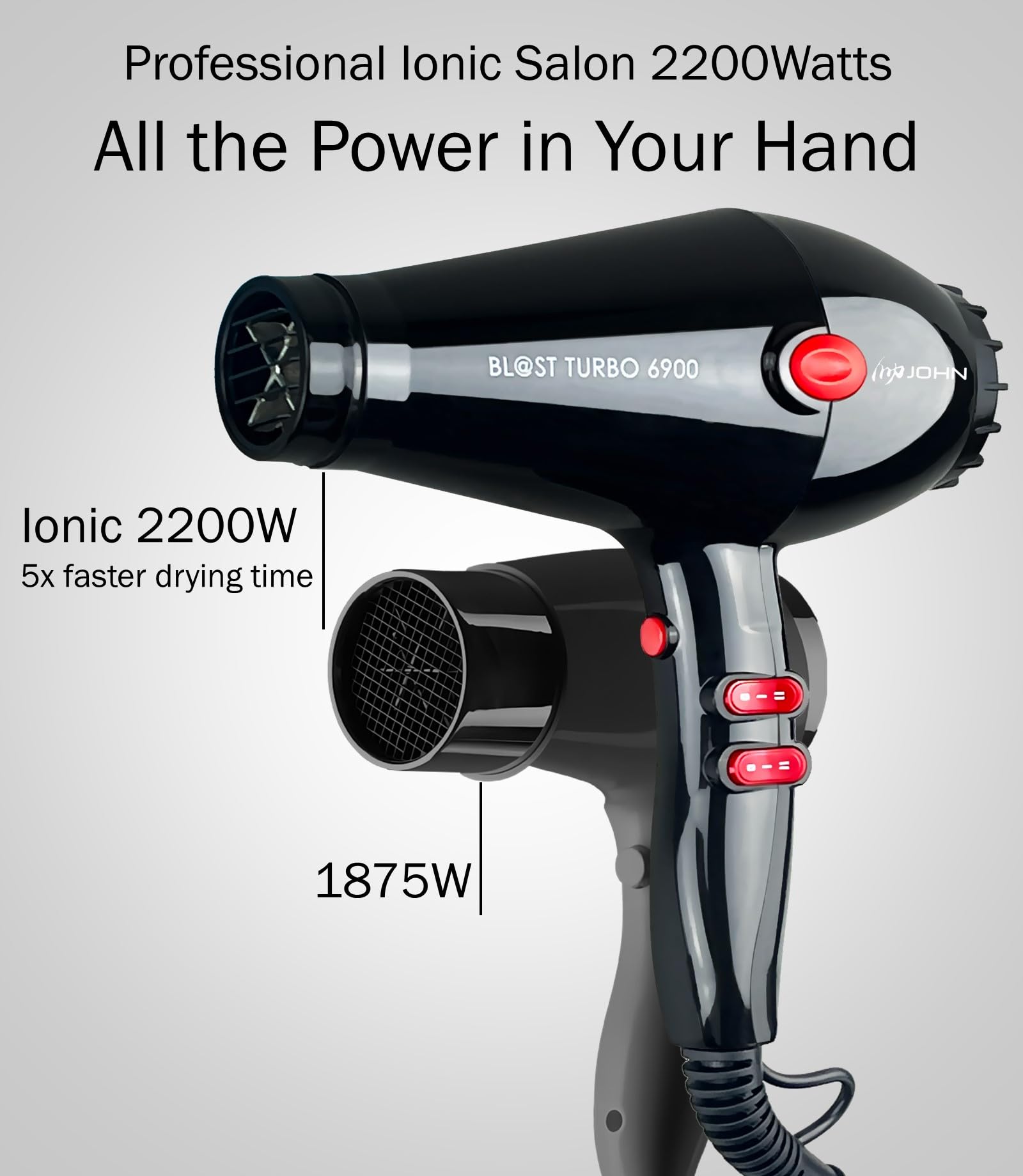 Side profile of the 2200 Watt ionic blow dryer showcasing the speed and temperature control buttons.