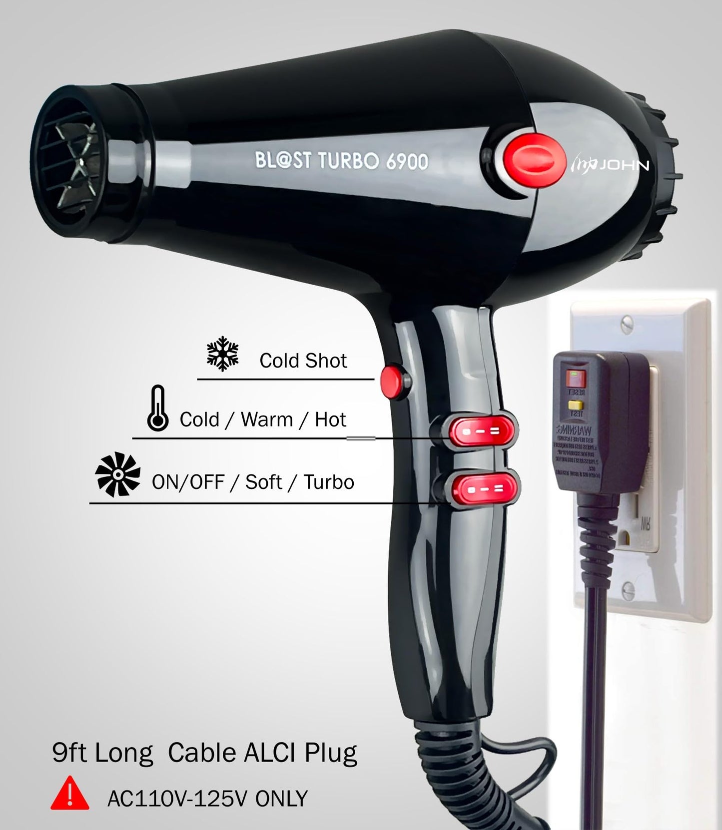 Complete packaging contents of the premium electronic blow dryer with attachments displayed on a plain background.