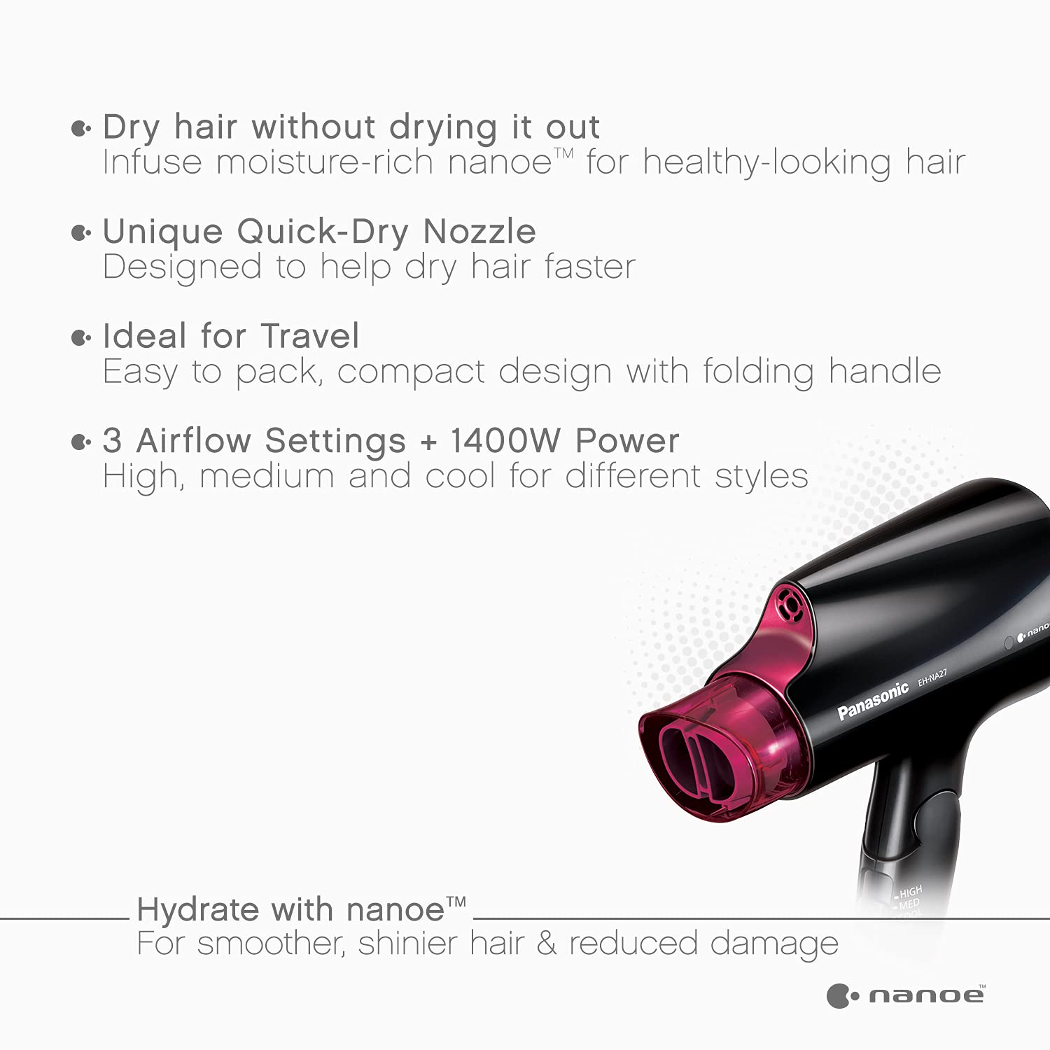 Panasonic EH-NA27-K portable blow dryer with handle folded for travel