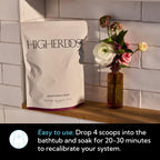 Lifestyle image of a relaxing warm bath prepared with Higherdose soak