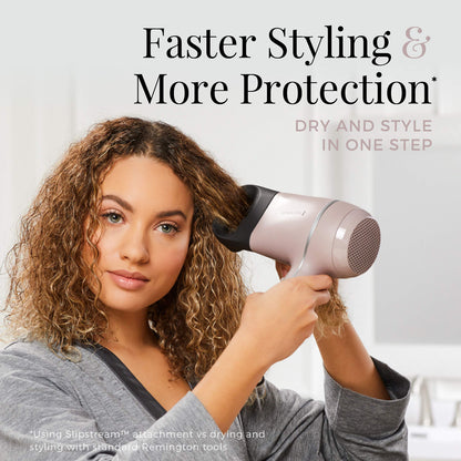 Remington ionic ceramic hair dryer side view highlighting the control switches and cool shot button.
