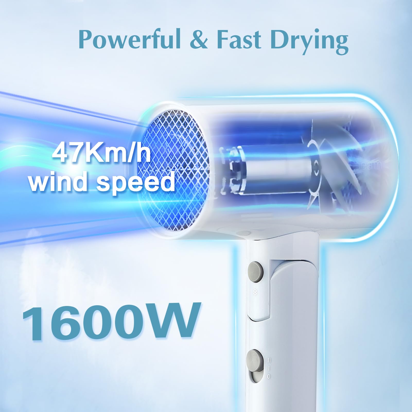 Licoseam travel hair dryer in folded position highlighting its space saving portable design.