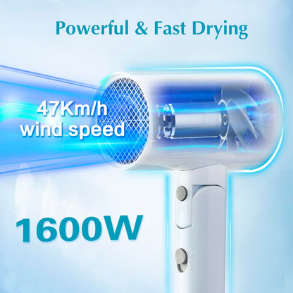 Licoseam travel hair dryer in folded position highlighting its space saving portable design.