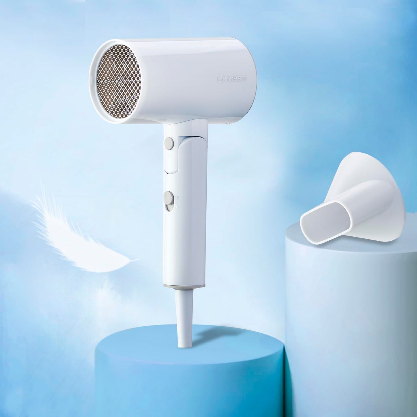 Licoseam white mini hair dryer with power cord and hanging loop for easy storage.