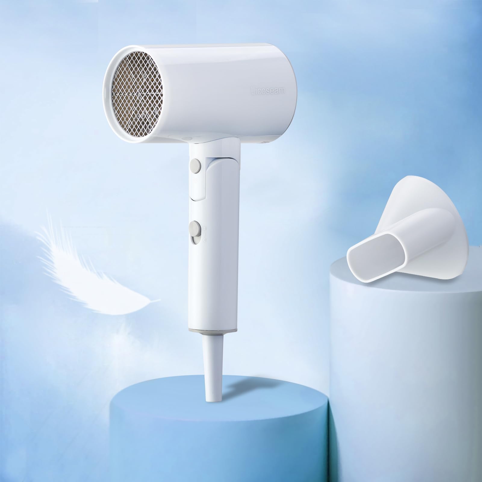 Licoseam white mini hair dryer with power cord and hanging loop for easy storage.