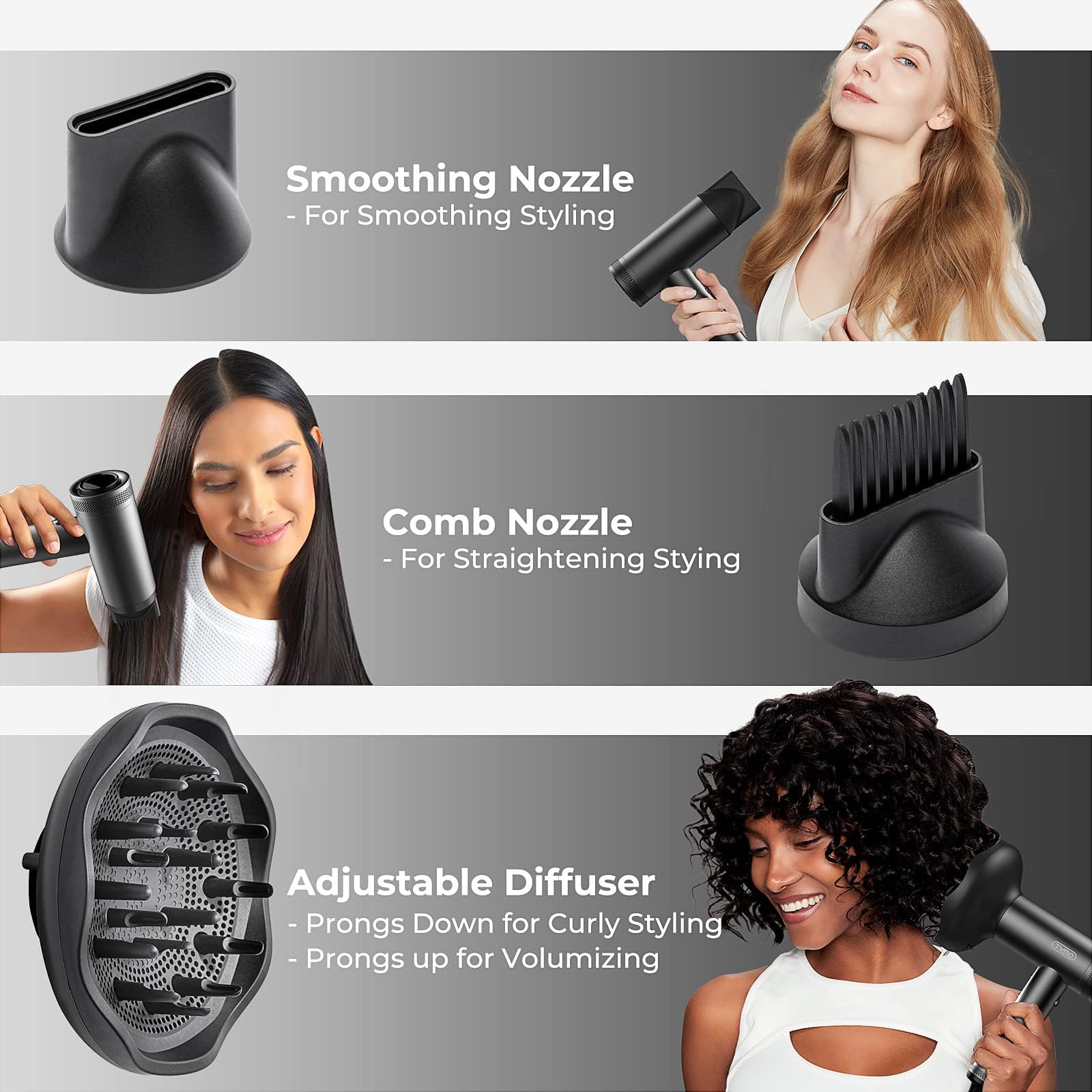 TYMO ionic blow dryer with adjustable diffuser and comb attachments spread on a sleek surface