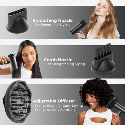TYMO ionic blow dryer with adjustable diffuser and comb attachments spread on a sleek surface