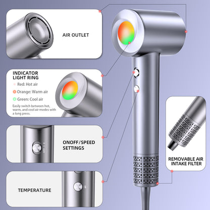 FOIYUF lightweight blow dryer showing the bottom air intake filter and premium matte gray body.