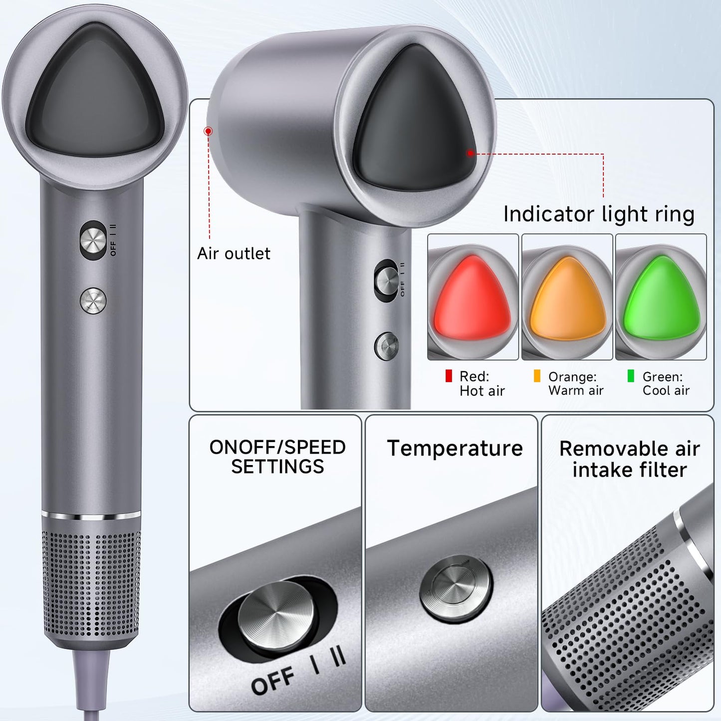 Ysatery professional salon hair dryer highlighting the compact brushless motor housing and defensive air intake filter.