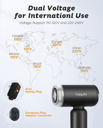 SUPGALIY portable blow dryer showcasing the automatic international voltage switch and cord attachment detail.