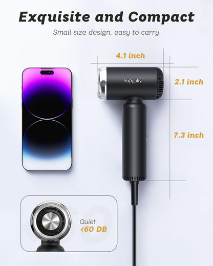 SUPGALIY mini travel hairdryer being packed into a compact travel bag to illustrate its lightweight portability.