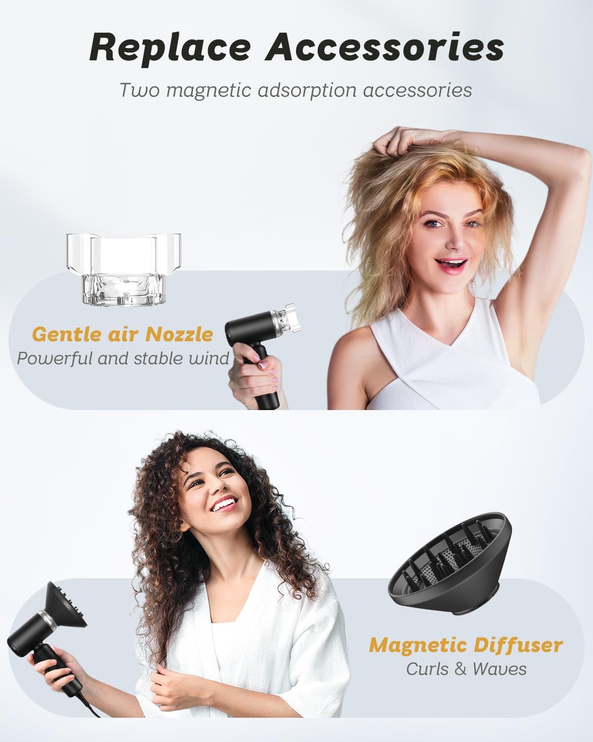Close up of the SUPGALIY ionic blow dryer nozzle highlighting the high velocity airflow vents and magnetic ring.