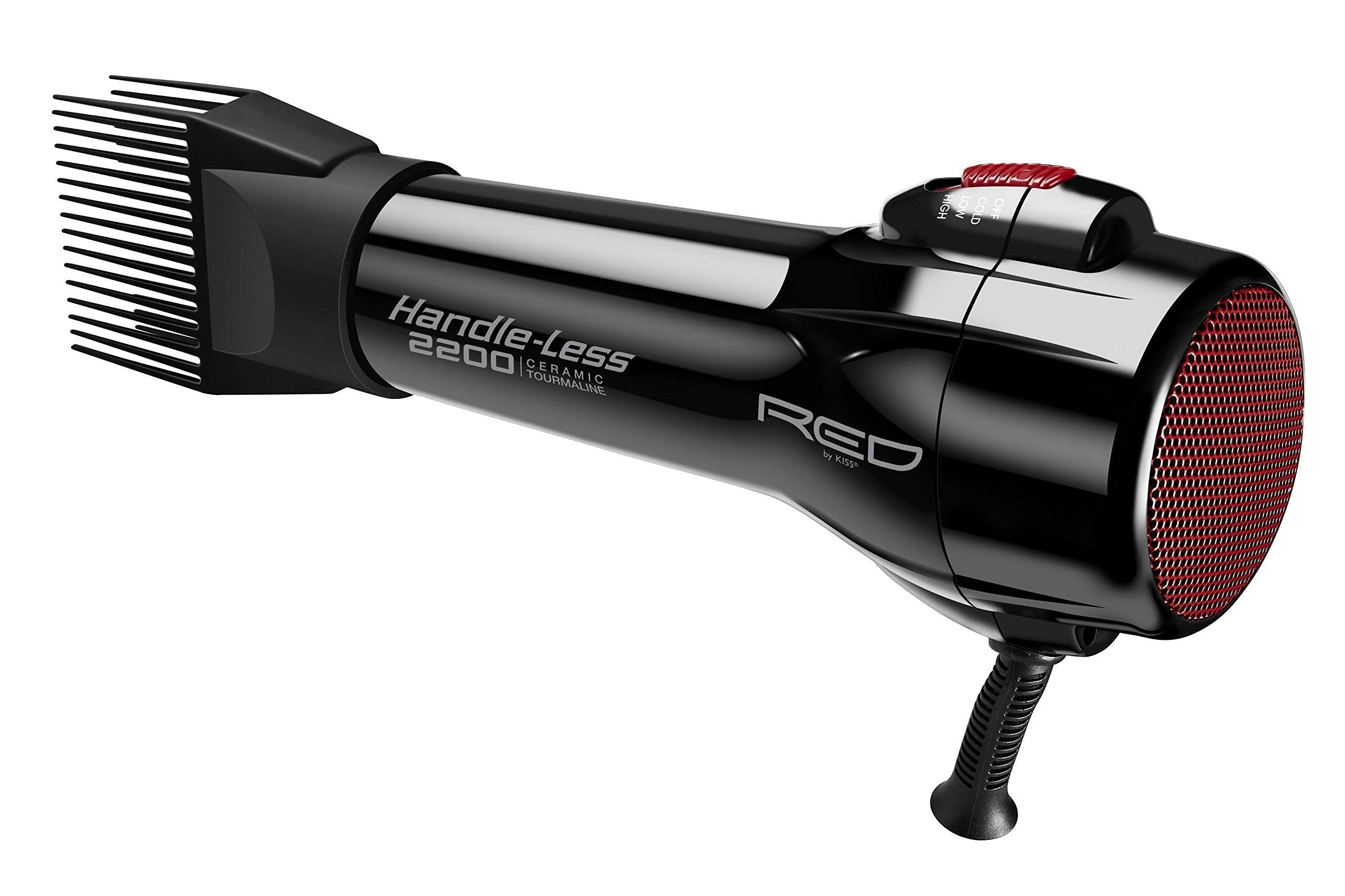 Red by Kiss ceramic tourmaline blow dryer with straightening comb attachment fixed to the nozzle.